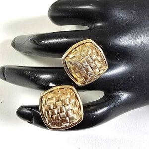 Rare 14K Gold Woven Square Earrings / Basketweave